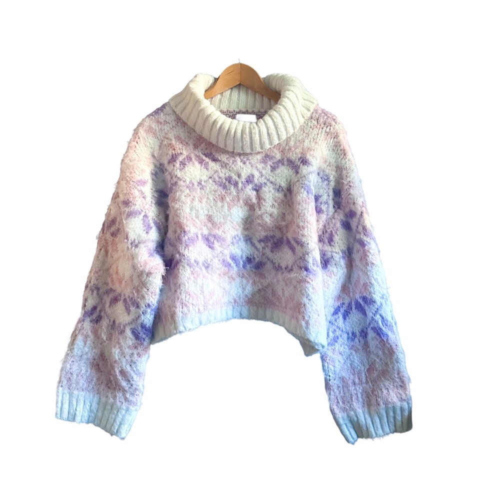 Wild Fable Fair Isle Sweater Pastel Pink Purple White Fuzzy Boxy XS Extra Small